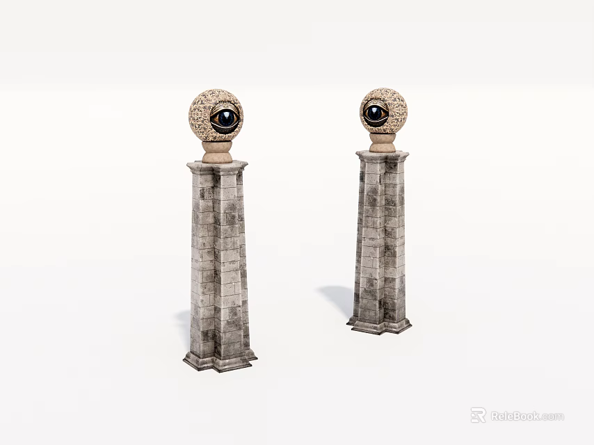 Pair of Vintage Stone Pillars With Spherical Top And Eye Design 3d model 