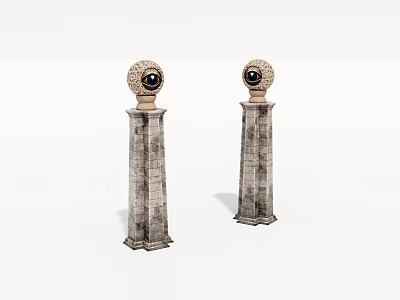 Pair of Vintage Stone Pillars With Spherical Top And Eye Design 3d model