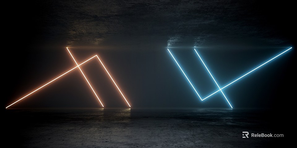 Crossed Orange And Blue Decorative Lights In Dark Space With Floor Reflection 3d model 