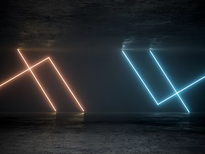 Crossed Orange And Blue Decorative Lights In Dark Space With Floor Reflection 3d model