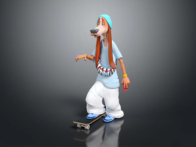 Cartoon Dog Game Character Skateboarding With Blue Hat Light Blue Shirt And White Pants 3d model
