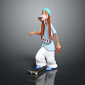 Cartoon Dog Game Character Skateboarding With Blue Hat Light Blue Shirt And White Pants