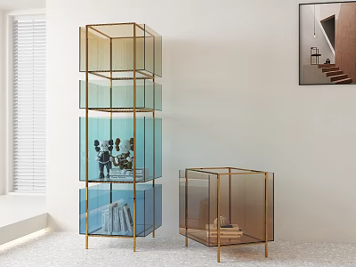Modern Gradient Glass Display Cabinets With Gold Metal Frames And Decorative Items 3d model