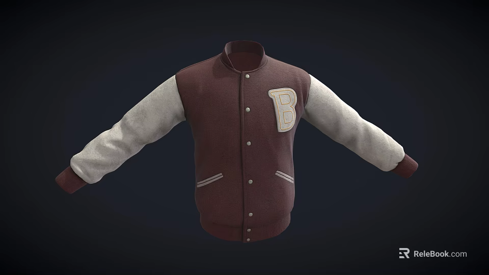 Classic Maroon Baseball Jacket With Gray Sleeves Letter B On Chest And Button Closure 3d model 