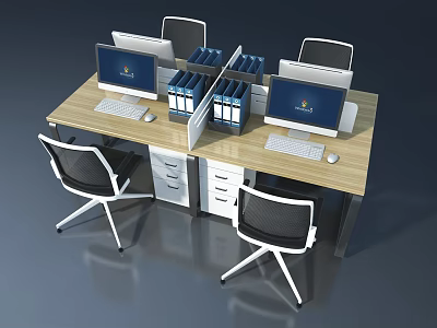 Modern Office Workstation Setup With Dual Desks Computer Monitors File Cabinets And Ergonomic Chairs 3d model