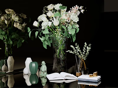 Decorative Ornament Combination With Fresh Flower Bouquets Green Plants Small Figurines Vases And Books 3d model