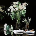 Decorative Ornament Combination With Fresh Flower Bouquets Green Plants Small Figurines Vases And Books