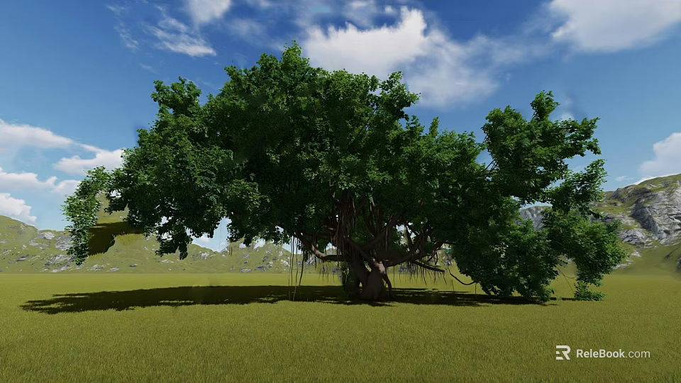 Lush Green Arbor Tree Growing in Vast Grassland Under Blue Sky with White Clouds 3d model 