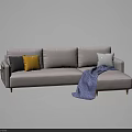 Light Gray L Shaped Sofa Set with Gray Yellow Cushions and Blue Plaid Throw 3d model
