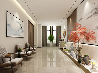 Modern Lobby Interior With Decorative Paintings Green Plants Red Maple Tree And Marble Floor 3d model
