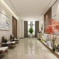 Modern Lobby Interior With Decorative Paintings Green Plants Red Maple Tree And Marble Floor