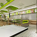 Bright Restaurant Interior With Green Ceiling Hanging Signs Menu Posters And Service Counter