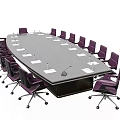 Elegant Modern Conference Table With Purple Rolling Chairs Papers And Microphone