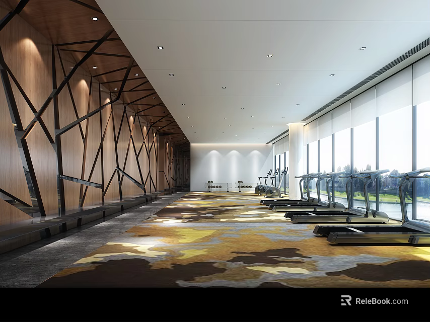 Spacious Modern Fitness Gym With Treadmills And Workout Equipment 3d model 