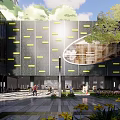 Modern Office Building With Greenery Top JD Logo OM Sign Glass Wall Lawn And Pedestrians