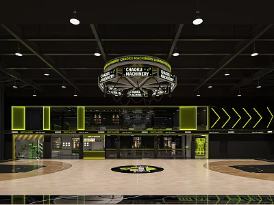 Modern Basketball Gym Interior With Wooden Court Floor Suspended Scoreboard And LED Lighting 3d model