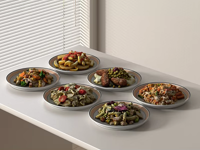 Various Delicious Food Dishes Served on White Countertop by Window Blinds 3d model