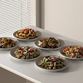 Various Delicious Food Dishes Served on White Countertop by Window Blinds