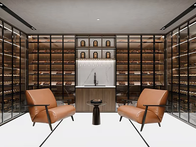 Elegant Modern Wine Cellar Interior With Glass Walls Wooden Racks And Leather Chairs 3d model