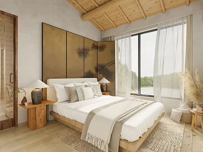 Serene Hotel Guest Room Interior With Wooden Ceiling King Bed And Golden Panel Art 3d model