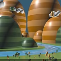 Cartoon Style Dome Buildings With Orange Green Stripes And River Small Trees Clouds