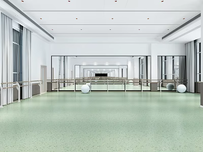 Spacious Fitness Studio With Mirrored Walls Ballet Barres Green Flooring And Exercise Balls 3d model