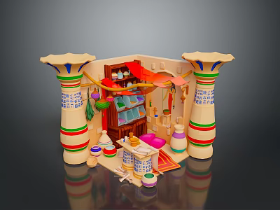 Colorful Miniature Toy Shop Display With Pillars Shelves And Various Items 3d model