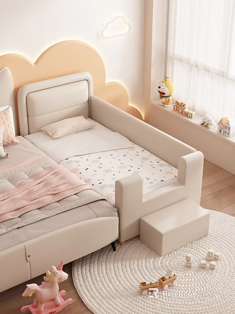 Light Colored Kids Bed With Guardrails Stool Pink Blanket And Patterned Mattress 3d model 