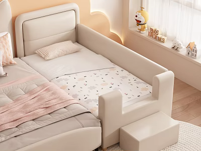 Light Colored Kids Bed With Guardrails Stool Pink Blanket And Patterned Mattress 3d model