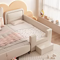Light Colored Kids Bed With Guardrails Stool Pink Blanket And Patterned Mattress