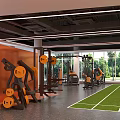 Modern Fitness Reception Desk With Orange Wall Neon Lighting And Computer Setup