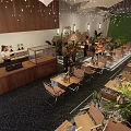 Modern Restaurant Interior With Wooden Tables Green Plants And Hanging Lights