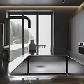 Modern Gray Living Room Interior With Sofa Chairs Round Rug Recessed Lighting And Open Kitchen