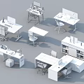 Modern Office Desks with Various Designs Chairs Computers Lamps and Storage Cabinets