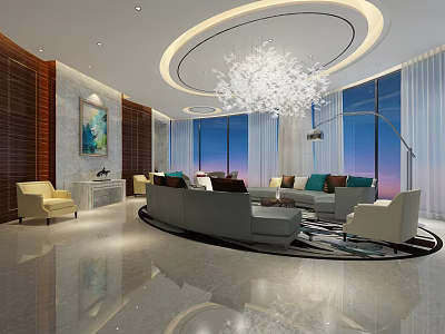 Hotel Public Lounge Area With Modern Sofas Chandelier Large Windows And Decorative Painting 3d model