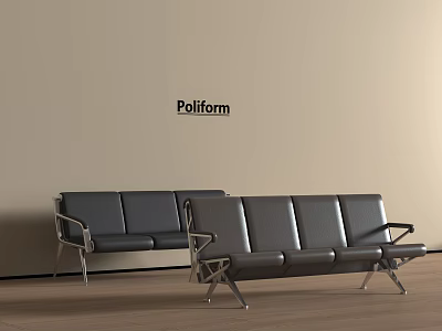 Poliform Black Public Seating With Metal Frame Against Wall On Wooden Floor 3d model