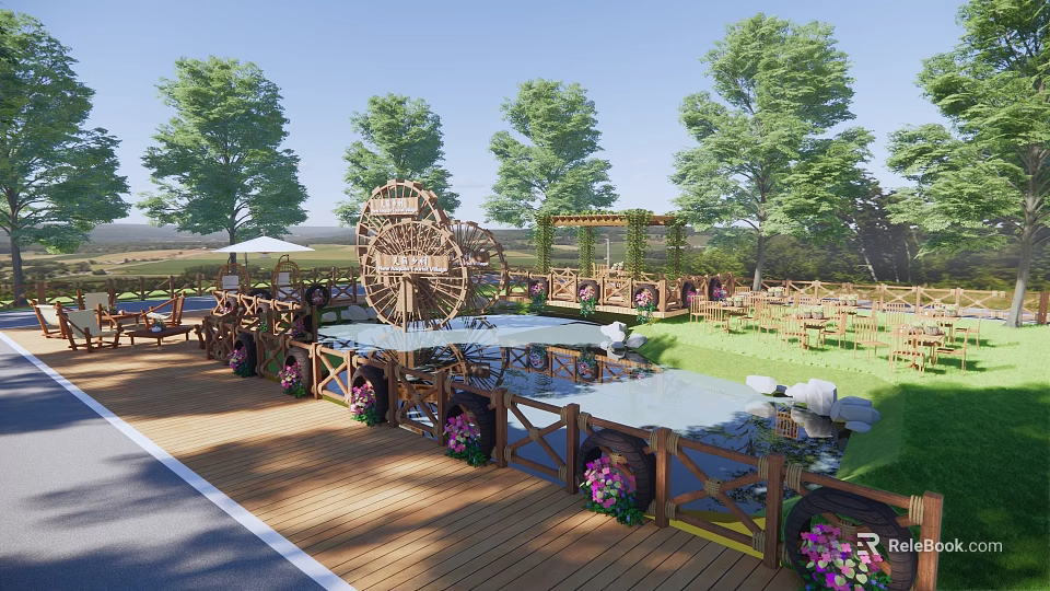 Scenic Outdoor Landscape Wall With Waterwheel Pond Wooden Deck And Flower Boxes 3d model 