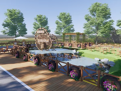 Scenic Outdoor Landscape Wall With Waterwheel Pond Wooden Deck And Flower Boxes 3d model