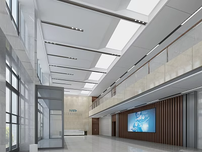 Front Desk Reception In Modern Spacious Lobby With Glass Windows TV Screen And Wooden Walls 3d model