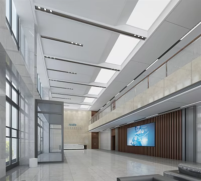 Front Desk Reception In Modern Spacious Lobby With Glass Windows TV Screen And Wooden Walls 3d model