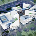 Modern Museum Building with Geometric Architectural Design and Purple Flower Gardens