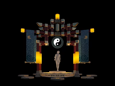 Chinese Style Commercial Stage Equipment with Yin Yang Symbol Lanterns Scrolls and Human Silhouette 3d model