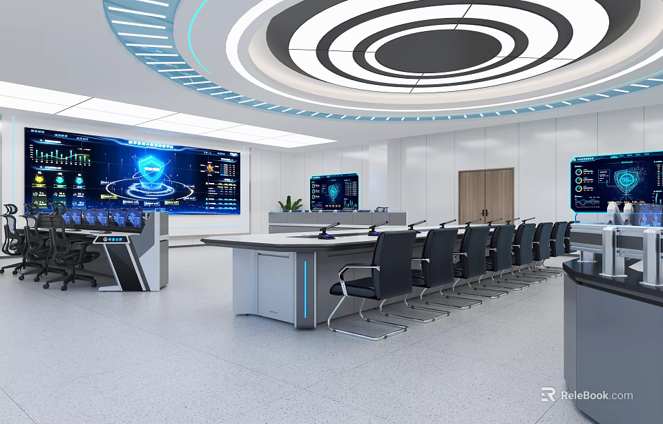 Modern Control Room With Large Monitoring Screens Data Displays And Control Console 3d model 