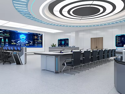 Modern Control Room With Large Monitoring Screens Data Displays And Control Console 3d model