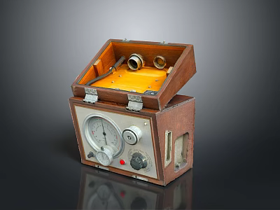 Vintage Wooden Device With Open Lid Yellow Interior Control Dials And Knobs 3d model