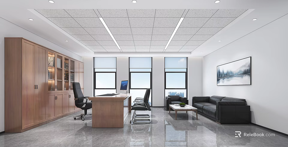 Modern Office Interior With Wooden Desk Office Chairs Sofa Coffee Table And Large Windows 3d model 