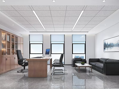 Modern Office Interior With Wooden Desk Office Chairs Sofa Coffee Table And Large Windows 3d model