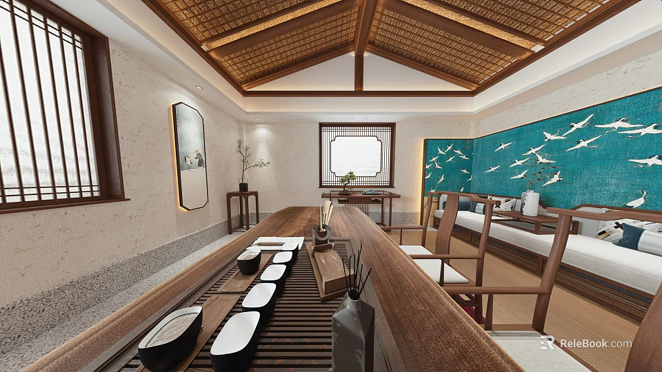 Traditional Teahouse Interior Design With Long Wooden Table Traditional Decor And Tea Sets Arrangement 3d model 
