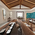 Traditional Teahouse Interior Design With Long Wooden Table Traditional Decor And Tea Sets Arrangement