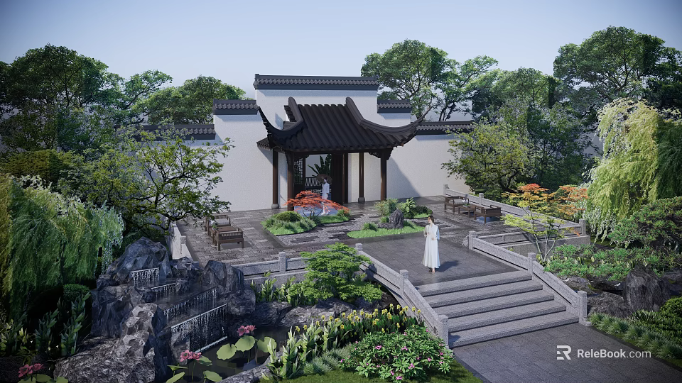 Traditional Chinese Garden Landscape With Pavilion Lotus Pond Stone Steps And Greenery 3d model 